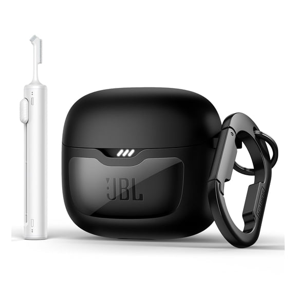 Suritch Protective Case for JBL Tune Flex Earbuds with Lid Lock, Carabiner, Cleaning Kit and Removal Tool, Black
