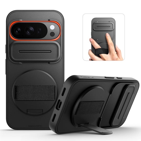 Suritch for Google Pixel 10 / 10 Pro Phone Case with 360° Rotatable Hand Strap Grip, Kickstand and Camera Cover, Rugged Shockproof Protective Cover, Black