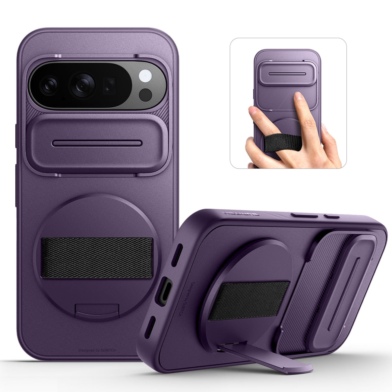 Suritch for Google Pixel 10 / 10 Pro Phone Case with 360° Rotatable Hand Strap Grip, Kickstand and Camera Cover, Rugged Shockproof Protective Cover, Purple
