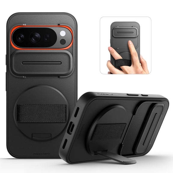 Suritch for Google Pixel 10 Pro XL Phone Case with 360° Rotatable Hand Strap Grip, Kickstand and Camera Cover, Rugged Shockproof Protective Cover, Black