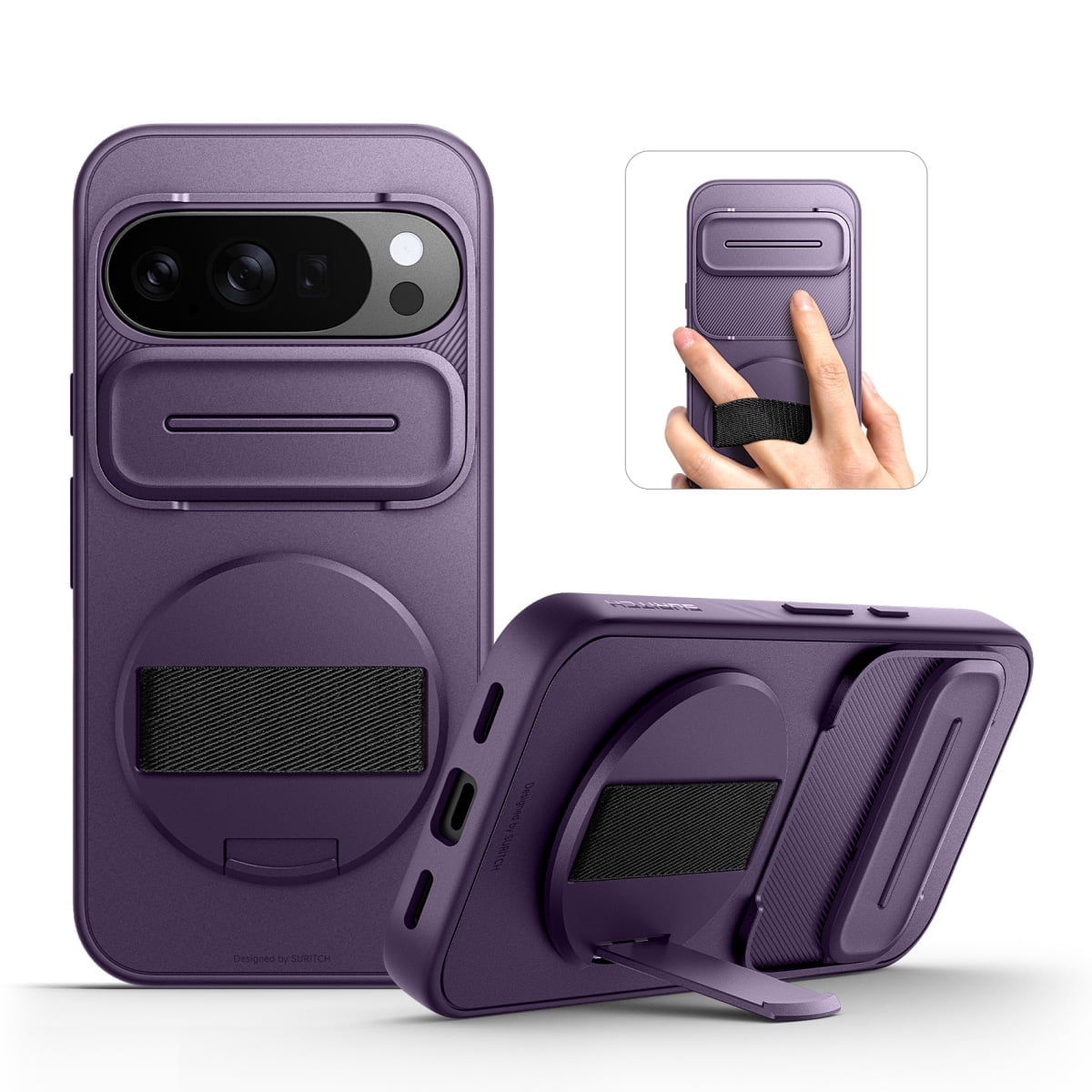 Suritch for Google Pixel 10 Pro XL Phone Case with 360° Rotatable Hand Strap Grip, Kickstand and Camera Cover, Rugged Shockproof Protective Cover, Purple