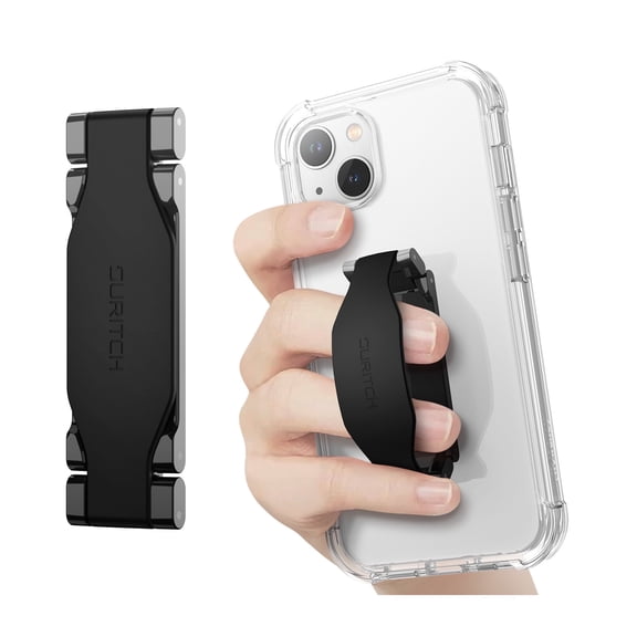 SURITCH Phone Grip Strap Finger Loop Holder for Back of Phone, 2-in-1 Soft Silicone Gripper Kickstand for iPhone Samsung and Most Cell Phone Cases, Short, Black