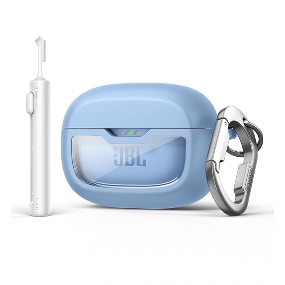 Suritch Protective Case for JBL Vibe Beam, Vibe Beam 2, Vibe 200TWS Earbuds with Carabiner, Cleaning Kit and Removal Tool, Light Blue