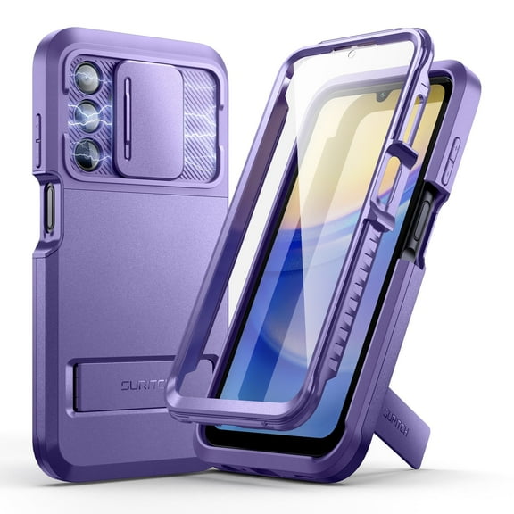 Suritch Phone Case for Samsung Galaxy A15 with Kickstand and Screen Protector, Rugged Shockproof Dual-Layer Protective Cover, Purple