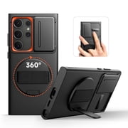 SURITCH for Samsung Galaxy S24 Ultra Case with 360° Rotatable Hand Strap Phone Grip & Invisible Kickstand & Slide Camera Cover, Rugged Shockproof Protective Cover for S24 Ultra, Black