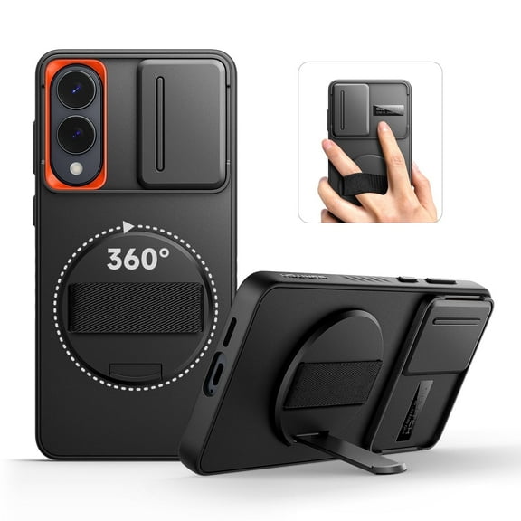 Suritch Phone Case for Samsung Galaxy S25 Edge with 360° Rotatable Hand Strap Phone Grip, Invisible Kickstand and Slide Camera Cover, Rugged Shockproof Protective Cover, Black