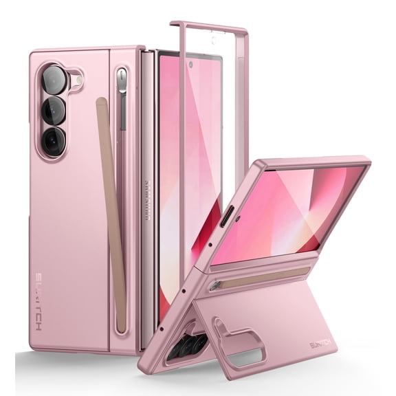 Suritch Phone Case for Samsung Galaxy Z Fold 6 with Kickstand and S Pen Holder [S Pen NOT Included], Built-in Screen Protector, Pink