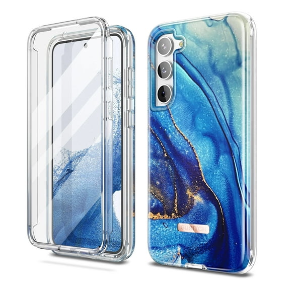Suritch Cell Phone Case for Samsung Galaxy S23 with Built-in Screen Protector and Dual-Layer Protection, Rugged Full Body Shockproof Protective Cover, Light Blue Marble