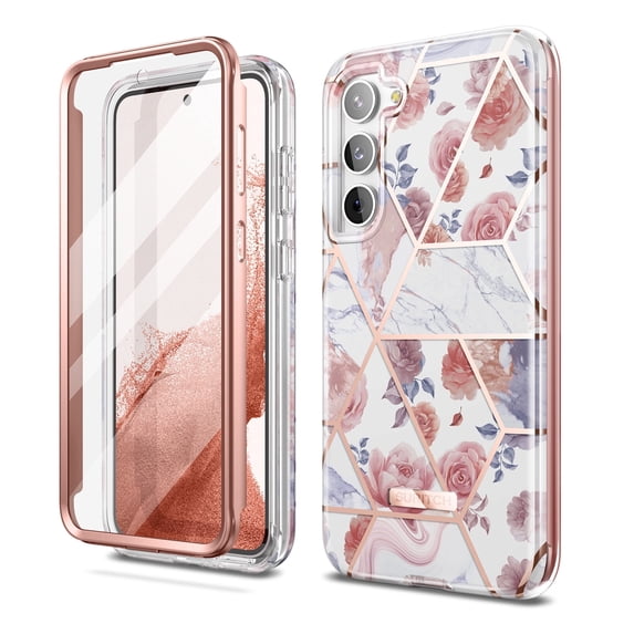 Suritch Cell Phone Case for Samsung Galaxy S23 with Built-in Screen Protector and Dual-Layer Protection, Rugged Full Body Shockproof Protective Cover, Rose Marble