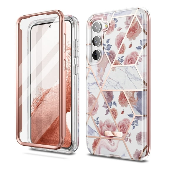 Suritch Cell Phone Case for Samsung Galaxy S23 with Built-in Screen Protector and Dual-Layer Protection, Rugged Full Body Shockproof Protective Cover, Rose Marble