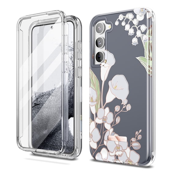 Suritch Cell Phone Case for Samsung Galaxy S23 with Built-in Screen Protector and Dual-Layer Protection, Rugged Full Body Shockproof Protective Cover, White Calla Lily
