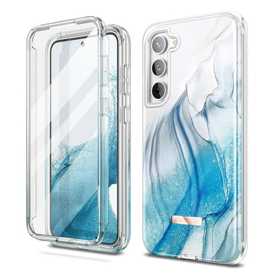 Suritch Cell Phone Case for Samsung Galaxy S23 Plus with Built-in Screen Protector and Dual-Layer Protection, Rugged Full Body Shockproof Protective Cover, Grey Blue Marble