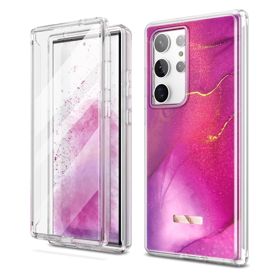 Suritch Cell Phone Case for Samsung Galaxy S23 Ultra with Built-in Screen Protector and Dual-Layer Protection, Rugged Full Body Shockproof Protective Cover, Pinkish Purple Marble