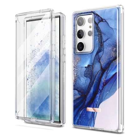 Suritch Cell Phone Case for Samsung Galaxy S23 Ultra with Built-in Screen Protector and Dual-Layer Protection, Rugged Full Body Shockproof Protective Cover, Dark Blue Marble