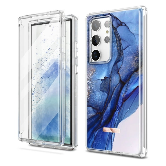 Suritch Cell Phone Case for Samsung Galaxy S23 Ultra with Built-in Screen Protector and Dual-Layer Protection, Rugged Full Body Shockproof Protective Cover, Dark Blue Marble