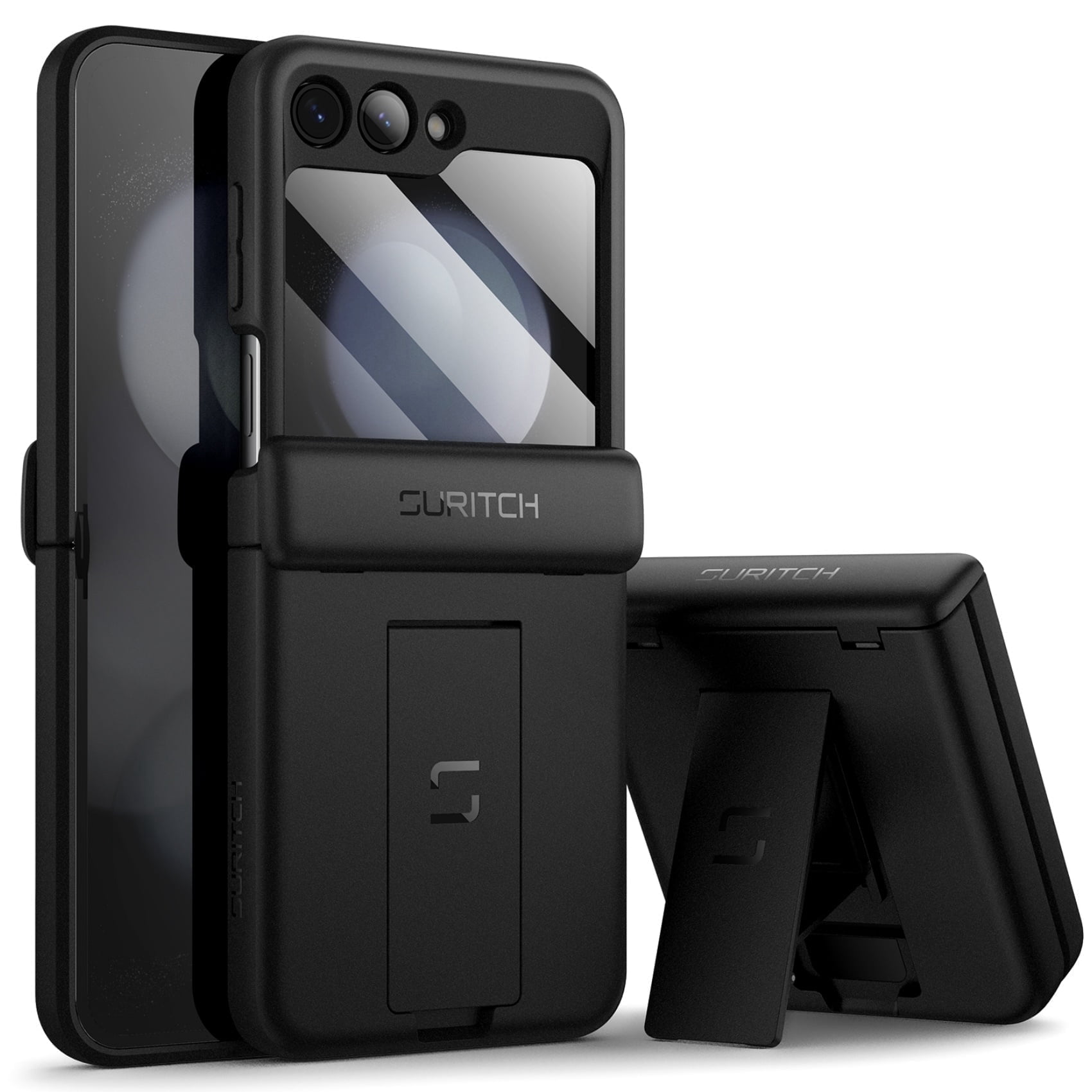 Suritch Cell Phone Case for Samsung Galaxy Z Flip 5 with Screen Protector and Kickstand, Black