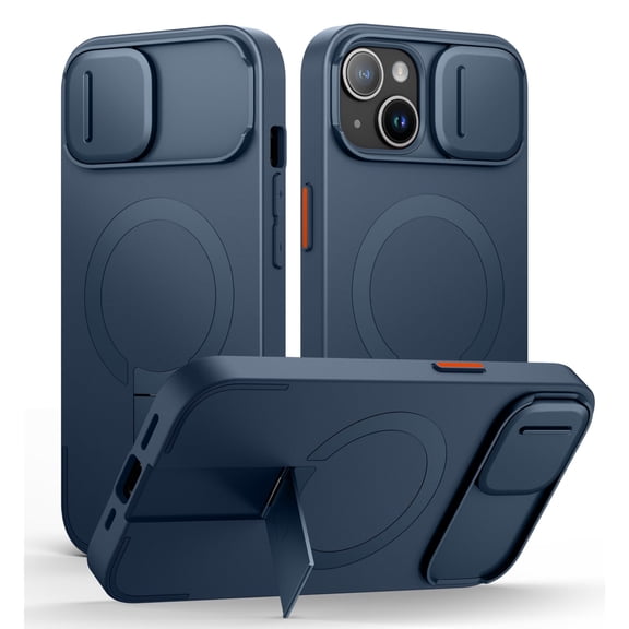 Suritch Phone Case for iPhone 13 / 14 with Magnetic Slide Camera Cover, Kickstand, Compatible with MagSafe, Shockproof Rugged Slim Protective Cover, Blue