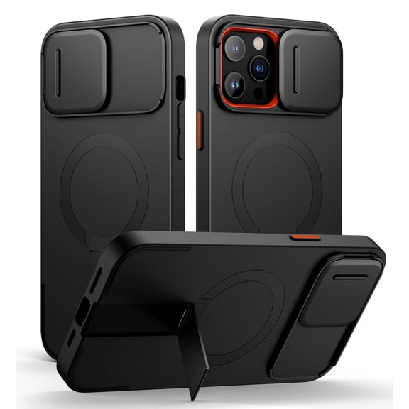 SURITCH for iPhone 13 Pro Max / 12 Pro Max Case with Magnetic Camera Slide Cover and Adjustable Kickstand, Compatible with MagSafe, Shockproof Bumper Case Slim Protective Cover, Black