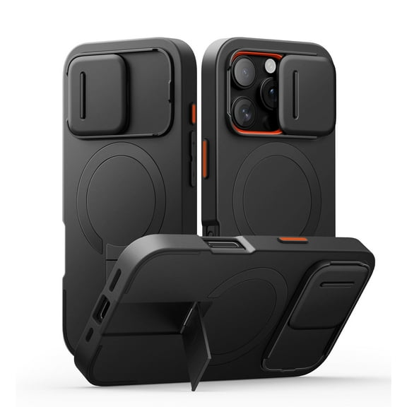 Suritch Phone Case for iPhone 16 Pro with Magnetic Slide Camera Cover and Adjustable Kickstand, Compatible with MagSafe, Shockproof Rugged Protective Cover, Black