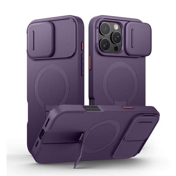 Suritch Phone Case for iPhone 16 Pro with Magnetic Slide Camera Cover and Adjustable Kickstand, Compatible with MagSafe, Shockproof Rugged Protective Cover, Purple