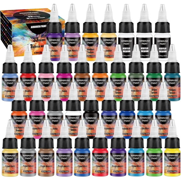 Suriwee 33 Colors Airbrush Paint Set with 3 Tinner, Plastic & Wood Acrylic Air brush Paint Kit Ready to Spray, Water-Based for Artists Beginners Hobbyist, 0.34 Fl Oz/10ml - 36 Bottles