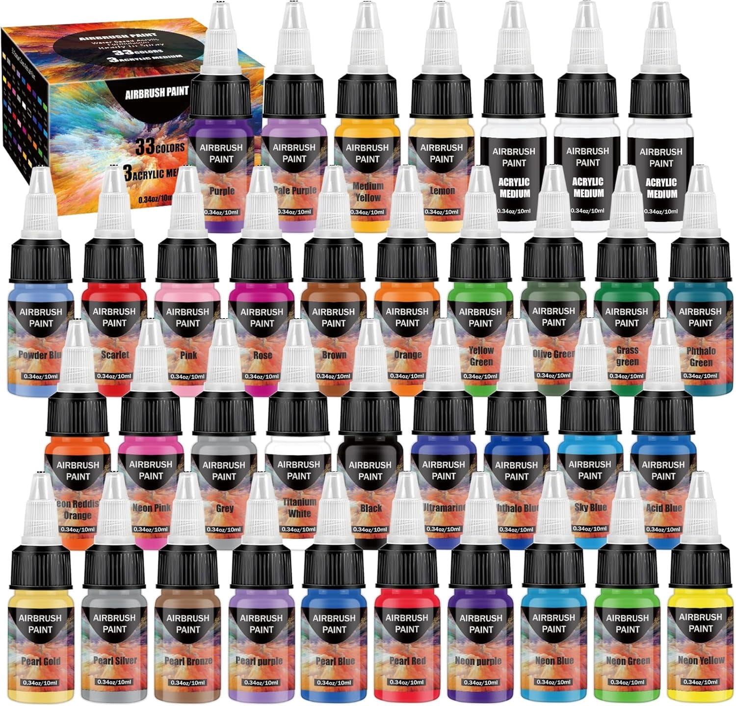 EKOHERR  33 Colors Airbrush Paint Set with 3 Tinner, Plastic & Wood Acrylic Air brush Paint Kit Ready to Spray, Water-Based for Artists Beginners Hobbyist, 0.34 Fl Oz/10ml - 36 Bottles