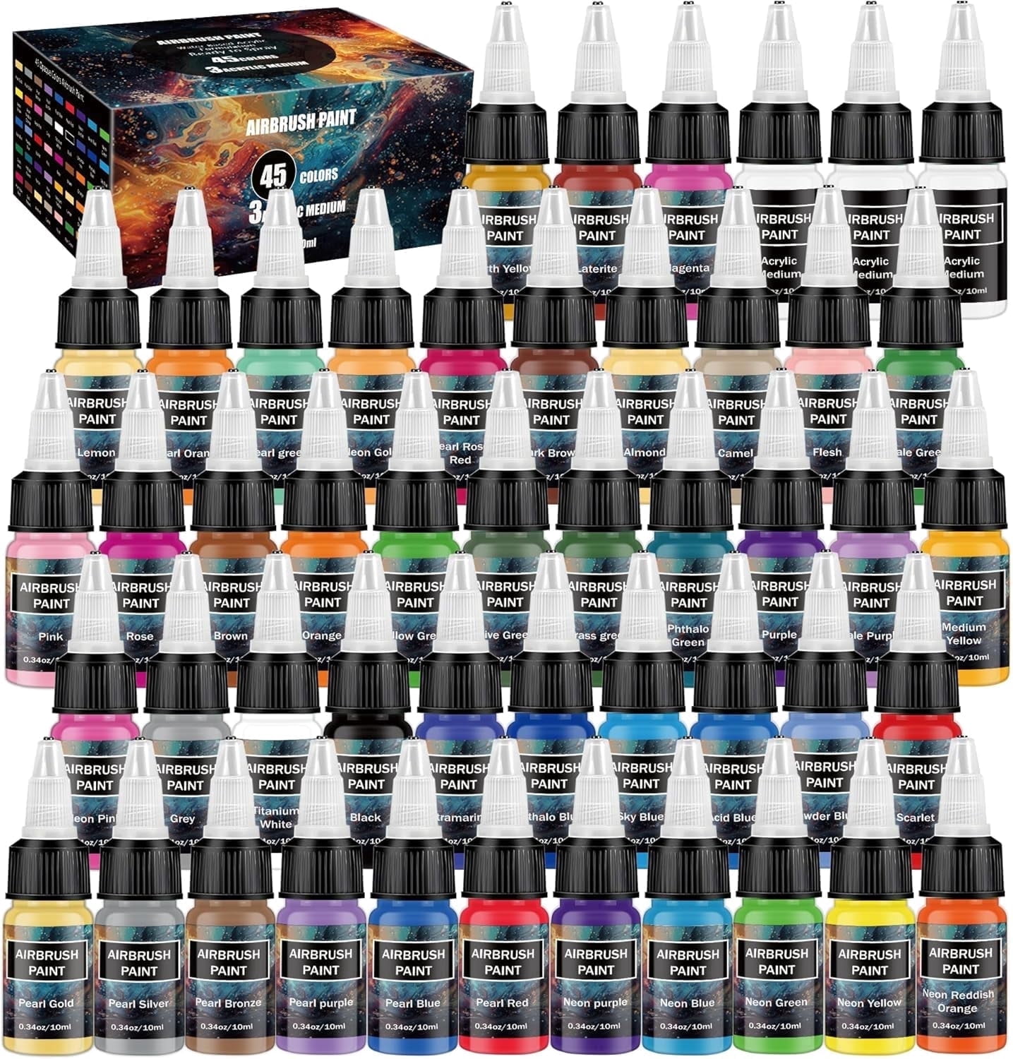 EKOHERR  45 Colors Airbrush Paint Set with 3 Tinner, Plastic & Wood Acrylic Air brush Paint Kit Ready to Spray, Water-Based for Artists Beginners Hobbyist, 0.34 Fl Oz/10ml - 48 Bottles