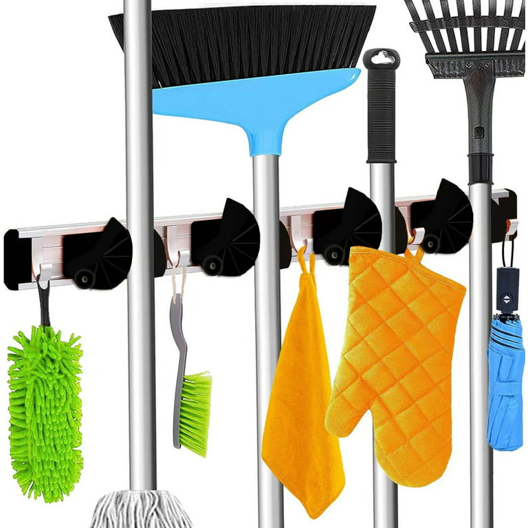 Surlong Mop Broom Holder Wall Mount Metal Pantry Organization and Storage  Garden Kitchen Tool Organizer Wall Hanger for Home Goods（4 Positions with 5