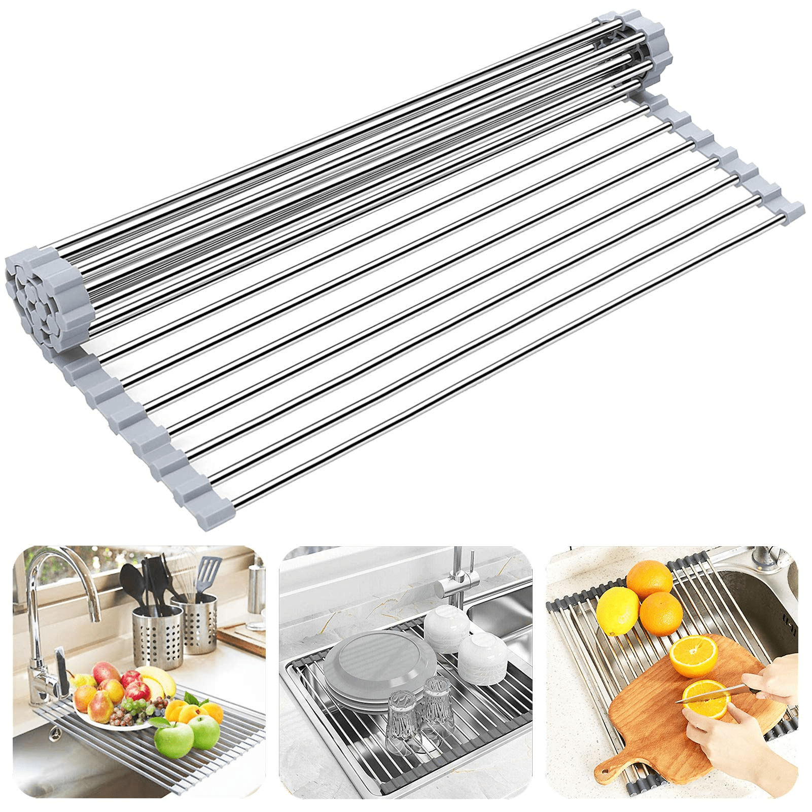 G-TING Dish Drying Rack 17.6 x 16, Over Sink Roll Up Large Dish Drainers  Rack, Multipurpose Foldable Kitchen Sink Rack Mat Stainless Steel with
