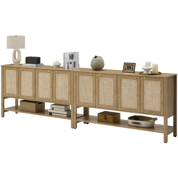 Surmoby 110 Inch Wide Rattan Buffet Cabinet, Boho Enterment Center with Adjustable Shelf & Gold Handles Entryway Storage Bar Cabinet Credenza with Storage for Living Room Dining Room,Cherry Oak