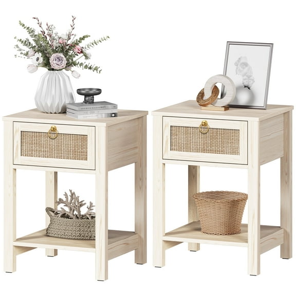 Surmoby 17.72"W Small Boho Nightstand Set of 2 with Rattan Drawer & Open Shelf, Coastal Farmhouse Bedside Table for Bedroom,White