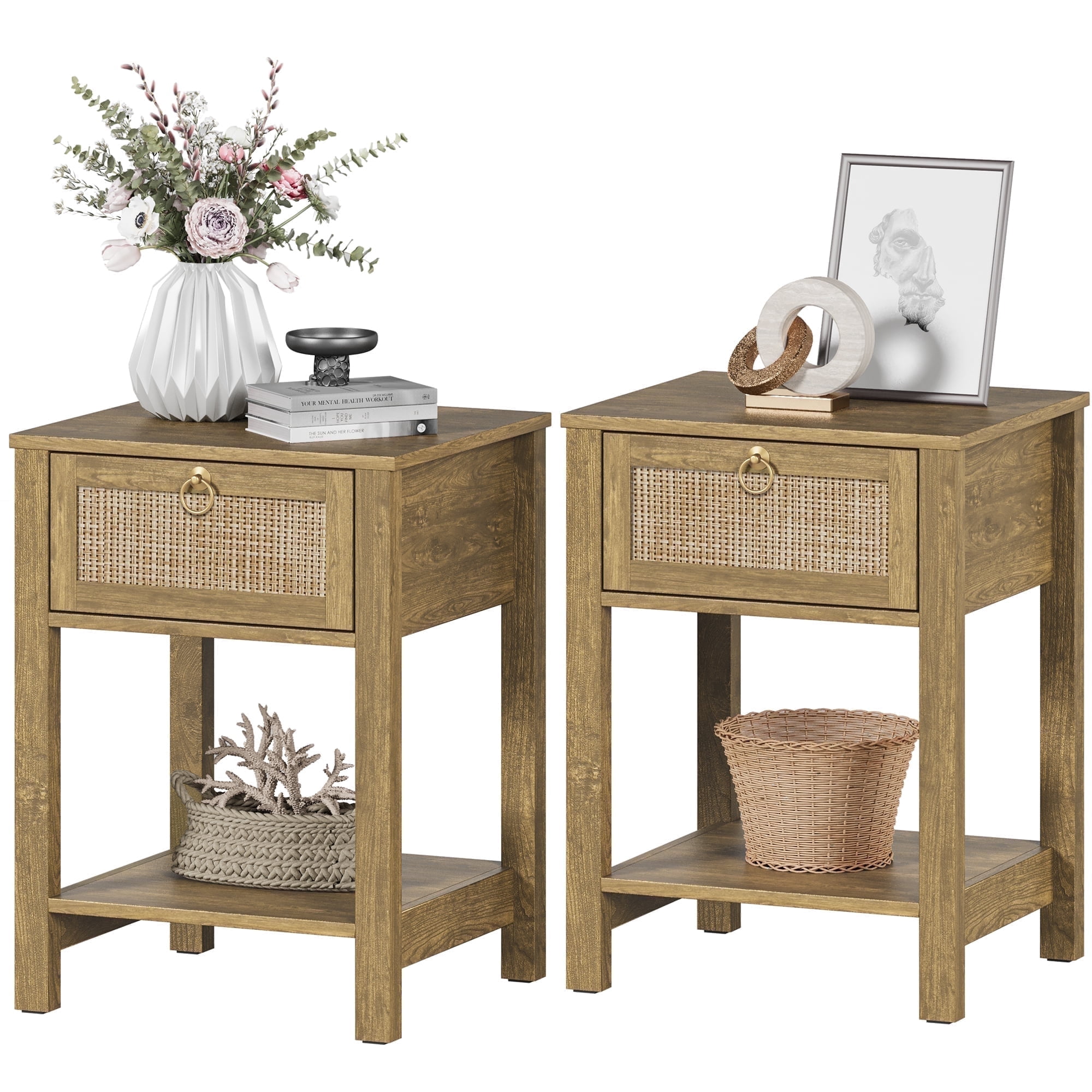Surmoby 17.72"W Small Boho Nightstand Set of 2 with Rattan Drawer & Open Shelf, Coastal Farmhouse Bedside Table for Bedroom,Cherry Oak