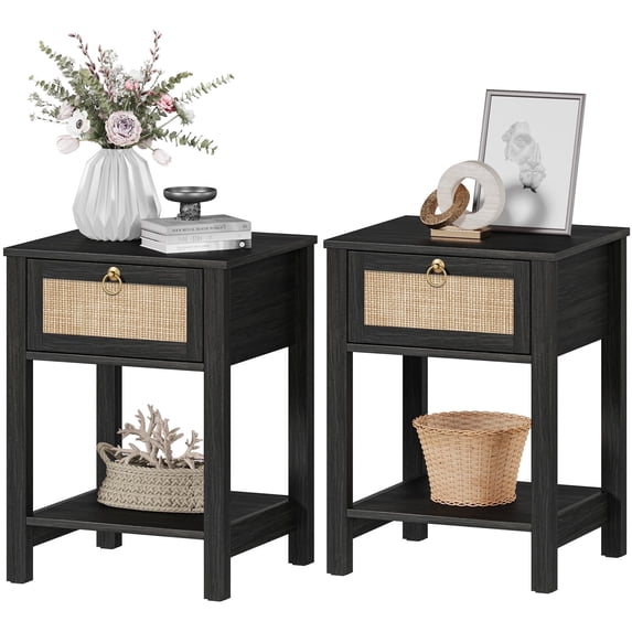 Surmoby 17.72"W Small Boho Nightstand Set of 2 with Rattan Drawer & Open Shelf, Coastal Farmhouse Bedside Table for Bedroom,Black