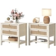thumbnail image 1 of Surmoby 26.7"W Boho Nightstand Set of 2 - Coastal Farmhouse Bedside Tables with 2 Rattan Drawers & Open Shelf, Cream White Finish for Bedroom/Living Room, 1 of 10