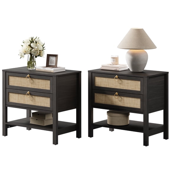 Surmoby 26.7"W Large Boho Coastal Nightstand Set of 2 with Dual Rattan Drawers & Open Shelf - Farmhouse Bedside Tables for Bedroom Living Room Enterway, Black