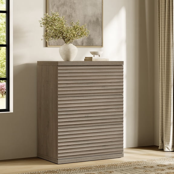 Surmoby 3-Drawer Modern Dresser– Large Sideboard Cabinet with Unique Fluted Panel, Spacious Top, Pop-Up Drawers, Stable Base – Ideal for Contemporary Home Storage,Grey Alder