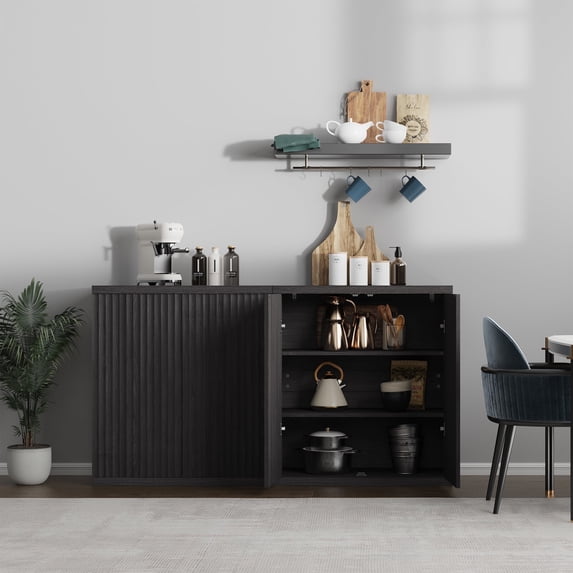 Surmoby 61.8" Wide Coffee Bar Cabinet , Modern Storage Cabinet with Adjustable Shelf and Doors Fluted Console Table Credenza fo Kitchenr Living Room Dining Room Kitchen,Dark Gray Alder
