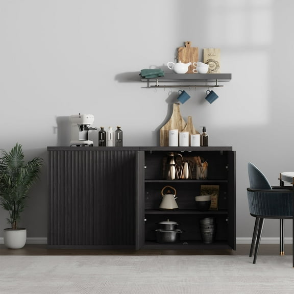 Surmoby 61.8" Wide Coffee Bar Cabinet , Modern Storage Cabinet with Adjustable Shelf and Doors Fluted Console Table Credenza fo Kitchenr Living Room Dining Room Kitchen,Dark Gray Alder