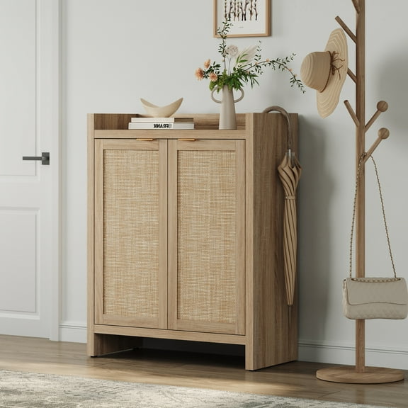 Surmoby 32.4" W Farmhouse Shoe Cabinet with 2 Doors, Boho Shoe Storage Cabinet with 6 Adjustable Shelves & Spacious Countertop for Hallway Living Room Entryway- Light Oak