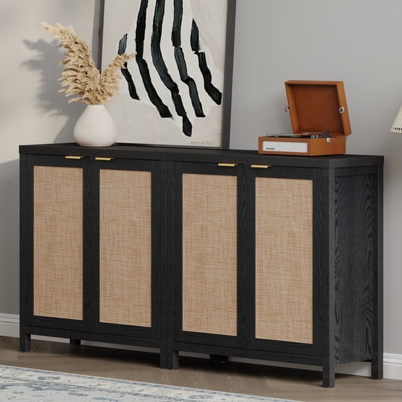 Surmoby 34.3" Rattan Sideboard Buffet Cabinet Set of 2, Boho Sideboard Storage Cabinet with Doors Farmhouse Kitchen Buffet Credenza, Liquor Cabinet Accent Cabinet,Blaick Oak
