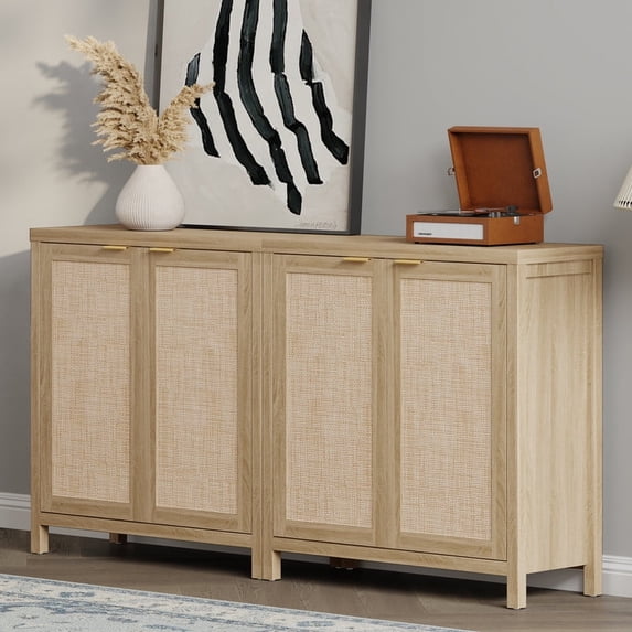 Surmoby 34.3" Rattan Sideboard Buffet Cabinet Set of 2, Boho Sideboard Storage Cabinet with Doors Farmhouse Kitchen Buffet Credenza, Liquor Cabinet Accent Cabinet,Light Oak