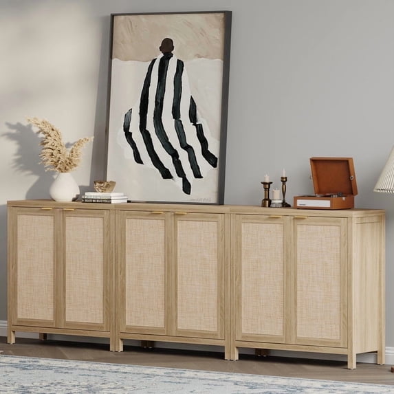 Surmoby 34.3" Rattan Sideboard Buffet Cabinet Set of 3,Boho Sideboard Storage Cabinet with Doors Farmhouse Kitchen Buffet Credenza, Liquor Cabinet Accent Cabinet,Light Oak