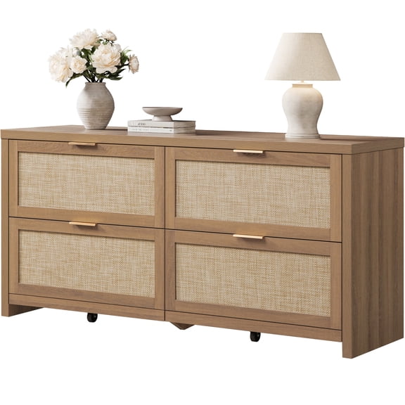 Surmoby 4-Drawer Rattan Dresser, Reclaimed Caramel Oak, 60.83"W x 29.53"H x 17.7"D, Ball-Bearing Slides, Golden Handles, Boho Farmhouse Coastal Style for Bedroom Living Room Hallway
