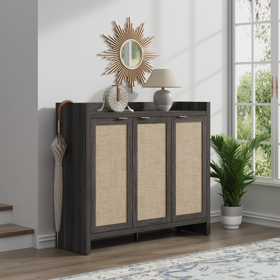 Surmoby 47.24" W Farmhouse Shoe Cabinet with 3 Doors, Oversized Boho Shoe Storage Organizer Adjustable Shelf&6 Tier for Entryway, Hallway, Living Room，Black Oak