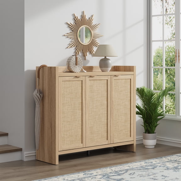 Surmoby 47.24" W Farmhouse Shoe Cabinet with 3 Doors, Oversized Boho Shoe Storage Organizer Adjustable Shelf&6 Tier for Entryway, Hallway, Living Room,Light Oak