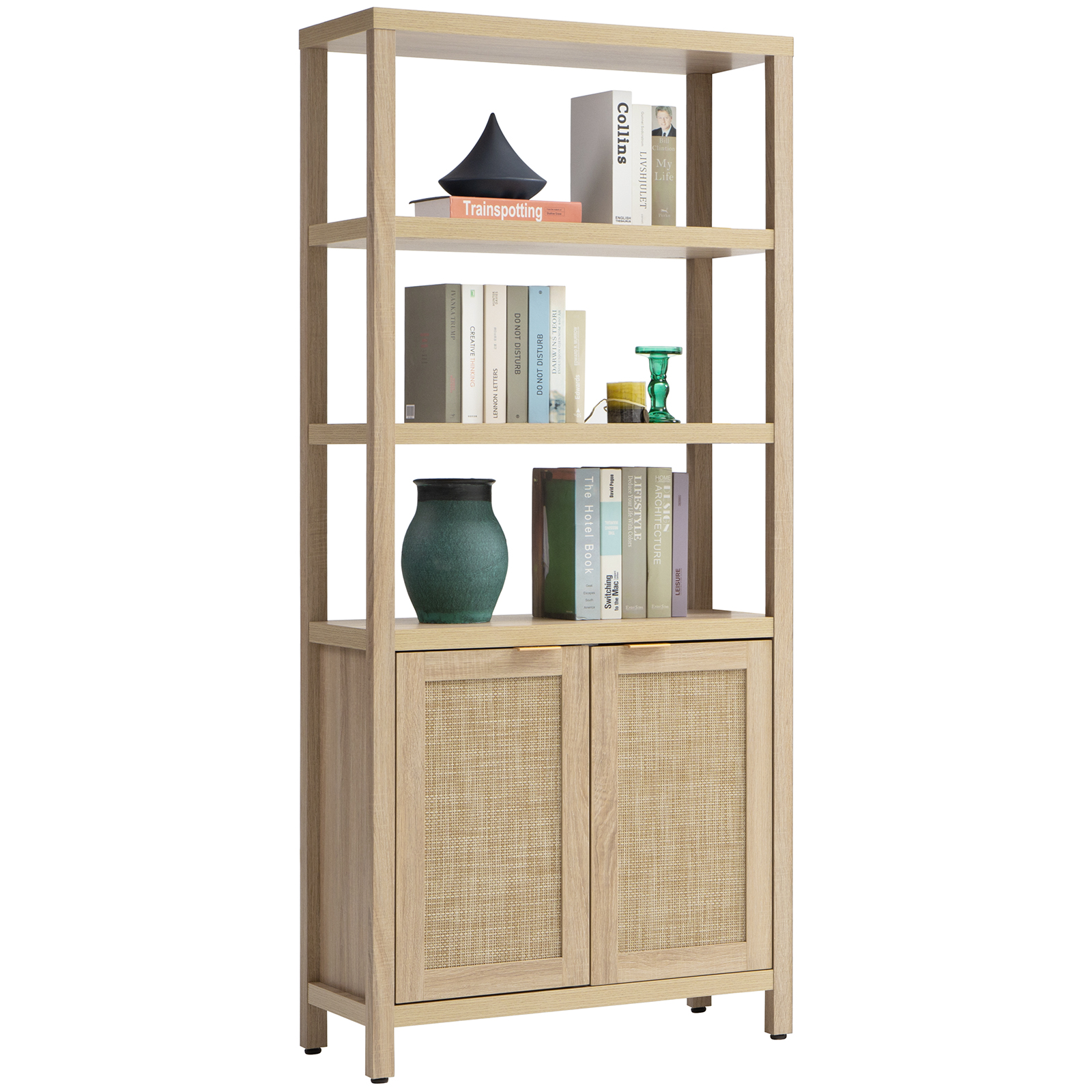 Surmoby 5 Shelf Bookcase Rattan Bookshelf with Doors Cabinet,Boho Book ...