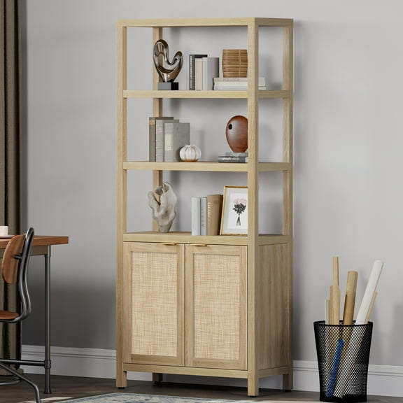 Surmoby 5 Shelf Bookcase with Doors,Rattan Bookshelf with Storage Cabinet and Display Shelves for Living Room,Home Office,Bedroom(Light Oak,1PCS)