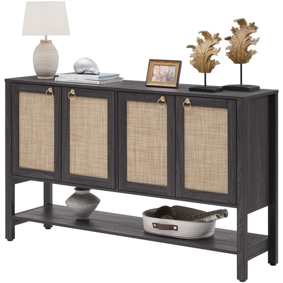 Surmoby 55 Inch Wide Rattan Buffet Cabinet, Boho Enterment Center with Adjustable Shelf & Gold Handles Entryway Storage Bar Cabinet Credenza with Storage for Living Room Dining Room,Black Oak