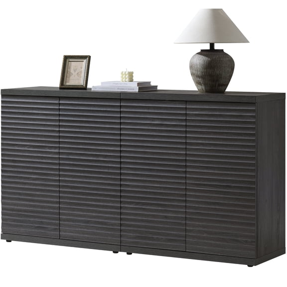 Surmoby 61.8" Long Mid Century Modern Sideboard Buffet Cabinet, Fluted Media Consle with Adjustable Shelves & Pop-Up Door Bar Cabinet for Living Room & Dining Room, Dark Gray Alder