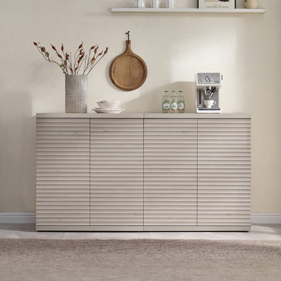 Surmoby 61.8" Wide Modern Sideboard Buffet Cabinet, Fluted Credenza Media Consle with Adjustable Shelves & Pop-Up Door Bar Cabinet for Living Room & Dining Room, Gray Alder